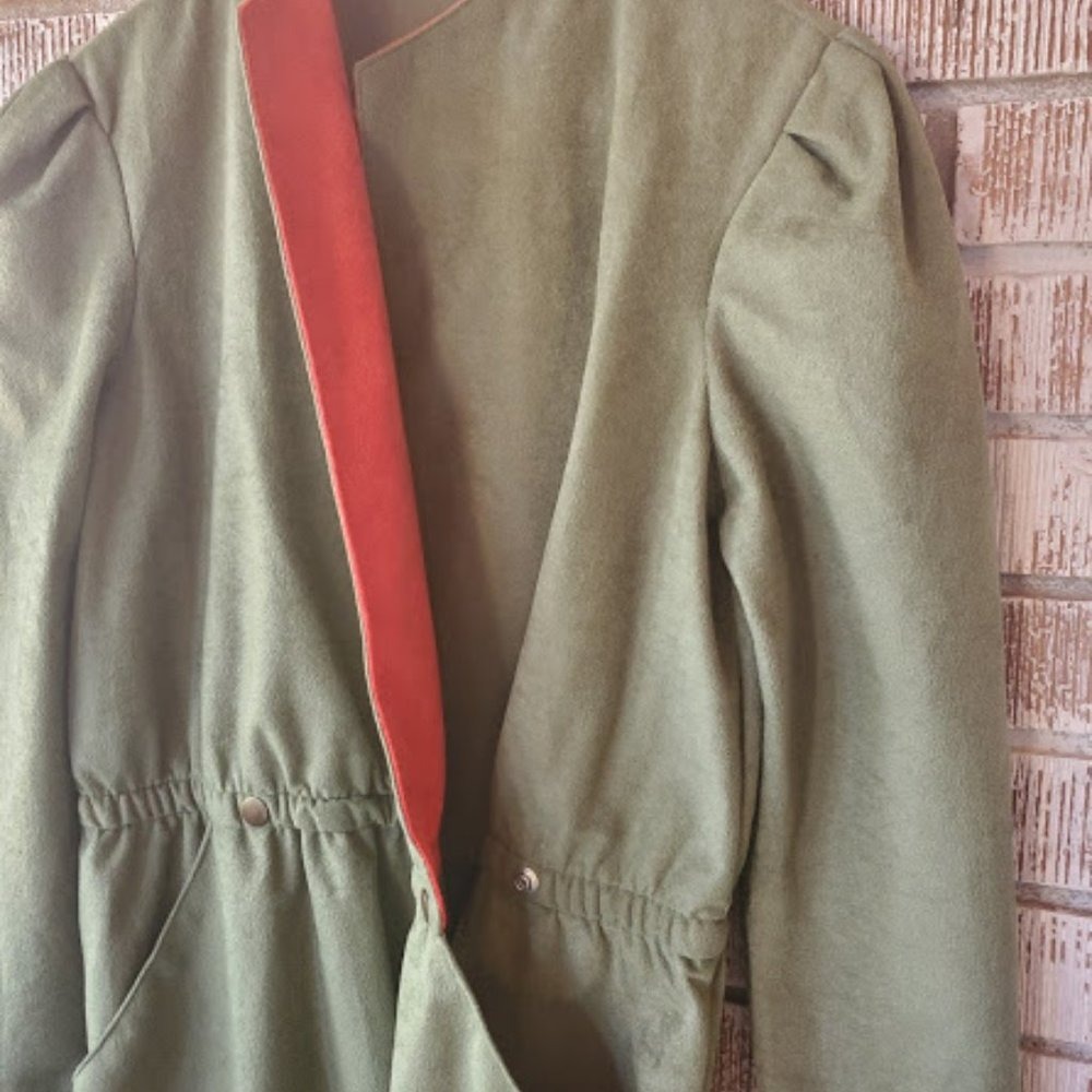Vintage Green Wrap Dress Coral Trim Button Waist Pockets Long Sleeve Midi - Picture 3 of 6